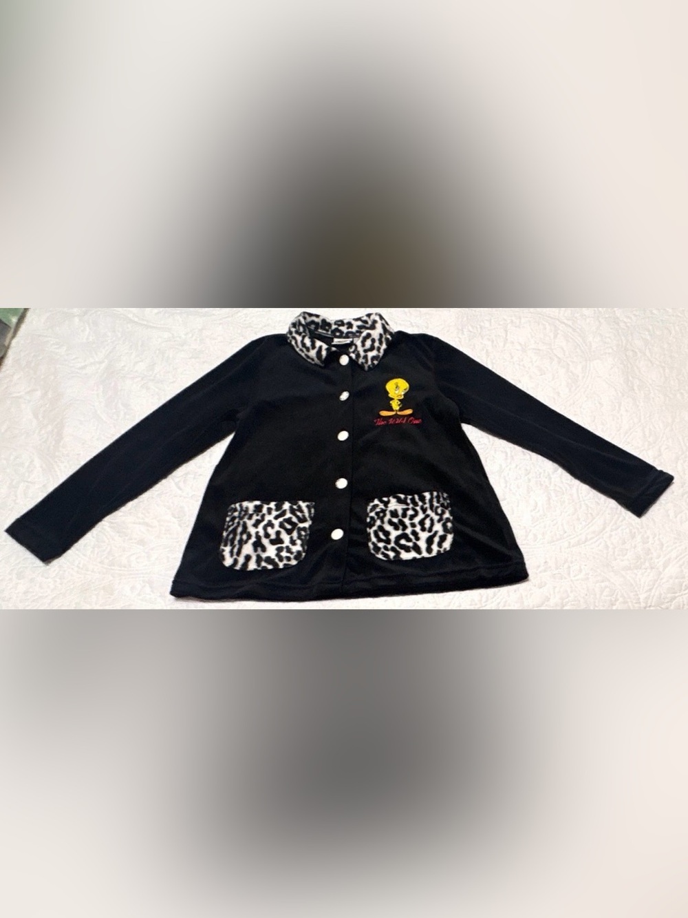 Vintage 1997 Tweety Bird/Looney Tunes Velour Jacket-Leopard Accent-Size 10 Girls